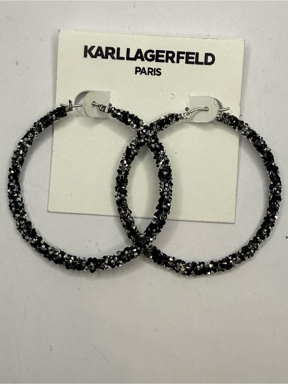 Karl Lagerfeld Black Crystal Hoop Earrings with Silver Sparkle